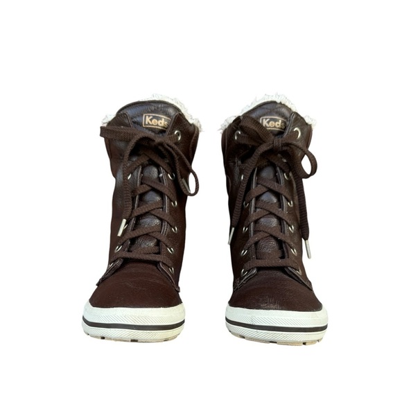 Leather Lace up Boots Sneakers High-top Size 7.5 Faux Fur Lining Keds - Picture 3 of 8